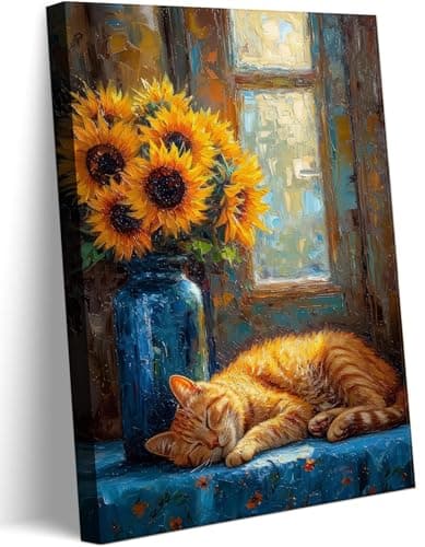 QQL Sunflower Cat Canvas Wall Art Cute Animal Wall Decor Eclectic Image Still Life Painting for Living Room Bedroom Office Decor Ready to Hang