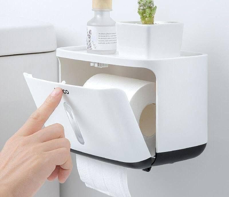 Generic Wall-Mounted Toilet Paper Holder with Flip-Top Lid and Top Shelf, Tissue Organiser, White, .em