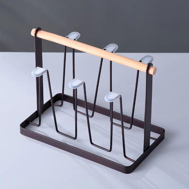 Black Stylish Design Metal Cup Holder with Wooden Handle - Modern Cup Organizer for Kitchen and Hospitality Large