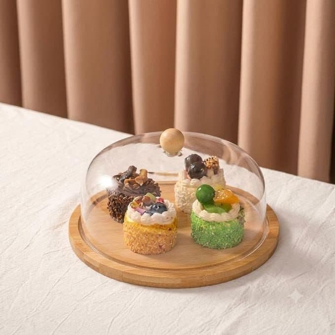 Generic Container for cakes, pastries, cupcakes, and basbousa, Size: 28 cm, Wooden base, Acrylic lid, .bs Food storage container