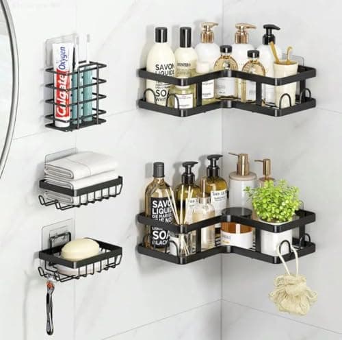 Generic 5-Piece Metal Corner Shower Caddy Set, Black, with 2 Corner Shelves, 2 Soap Dishes and 1 Brush Holder, .bs