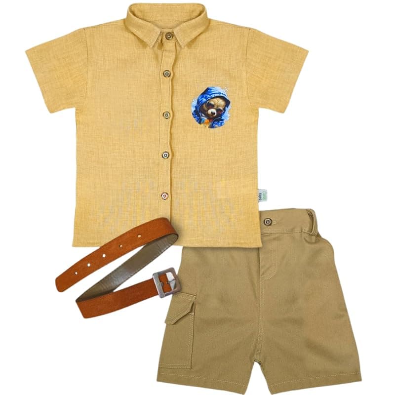 Baby Shoora Boys Half Sleeves Shirt,Short&Belt Printed Bear Half Sleeves Shirt,Short&Belt (pack of 1) Outerwear