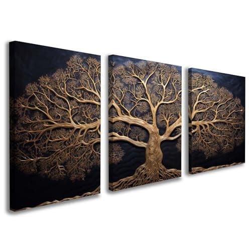 Set of 3 Canvas Wall Art, Golden Tree Artwork for Living Room, Modern 3D Textured Tree of Life Wall Decoration, Elegant Wall Art for Bedroom, Hallway or Staircase with Hooks and Magic Tape, 12x16 Inch