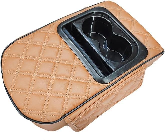SACAR Multifunctional Car Center Console Cover with Comfortable Cushion, Cup Holder and Side Pockets Armrest Support (Camel)
