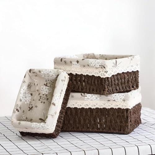3-Piece Wicker Rattan Storage Basket Set with Linen Lining for Home & Bath Storage box