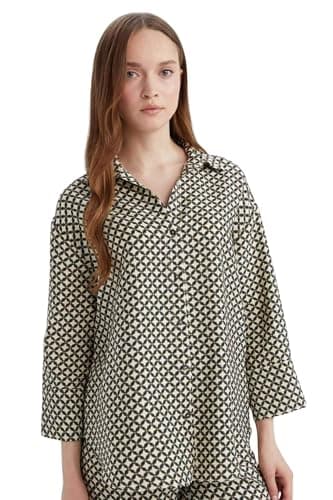 DeFacto Womens Regular Fit Shirt Neck 3/4 Sleeve Traditional Woven Top Long Sleeve Shirt C3818AX Long Sleeve Shirt