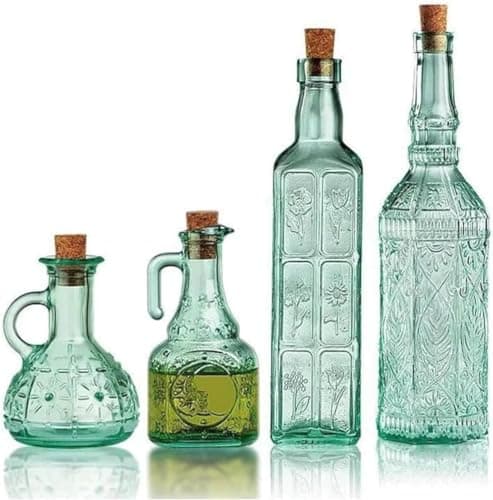 Glass Oil and Vinegar Cruet Set, 4 Pcs Kitchen Dispensers for Sauce & Oil Bottle