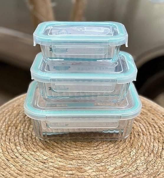 Generic Glass Refrigerator Container Set, Clear with Teal Lids, Various Sizes, 3-Piece, .ash Food storage container