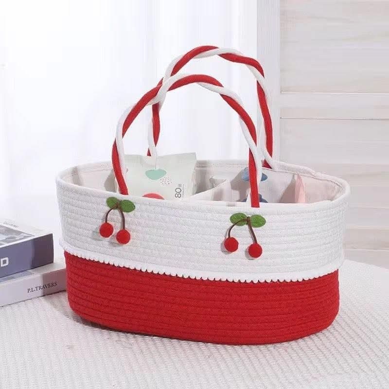 Generic Cotton Rope Baby Diaper Caddy Organiser, Handwoven Oval Basket with Dividers, Cherry Design, Red and White, .db