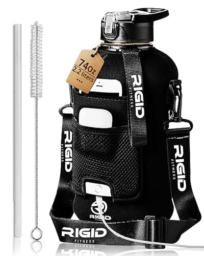 RIGID FITNESS Gym Bottle & Hydration Jug - Large Water Bottle with Straw, Storage Sleeve for Phone - BPA-Free & Healthy for Workout, Hiking, and Daily Use - 2.2L/74oz (Black)