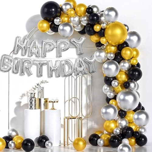 Party Propz Helium Letters Foil Balloon Banner, Metallic Balloons, Silver Golden Black Decor Happy Birthday Balloons Decoration Kit Items Combo for Kids - 51Pcs Set