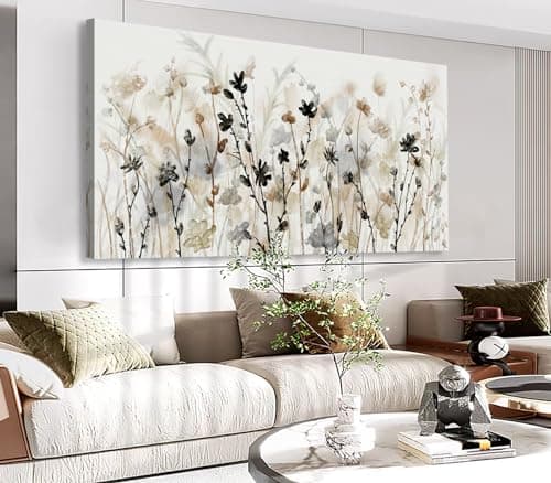 VEAEE Abstract Floral Canvas Wall Art Grey Cream White Grass Flowers Canvas Pictures Modern Landscape Painting Botanic Artwork for Living Room Bedroom Kitchen Office Wall Decor Ready to Hang 20" x 40"