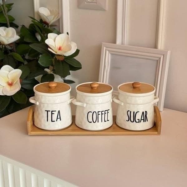 Generic Tea, Coffee and Sugar Canister Set, White, with Wooden Lids and Base, 3 Piece, .Ais