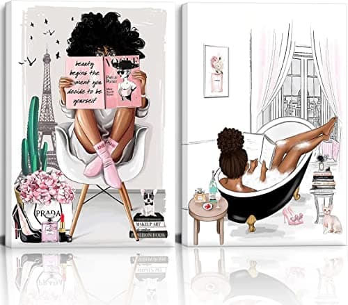 2 Pieces Framed African American Wall Art Modern Fashion Paris Pink White Afro Black Girls Women Canvas Wall Decor Pictures Posters Prints Artwork for Bathroom Living Room Bedroom Home Decoration
