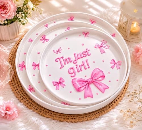 Generic Round Melamine Serving Tray Set, White and Pink, 'I'm just a girl!' Bow Theme, 3 Sizes, Lightweight, .Ais