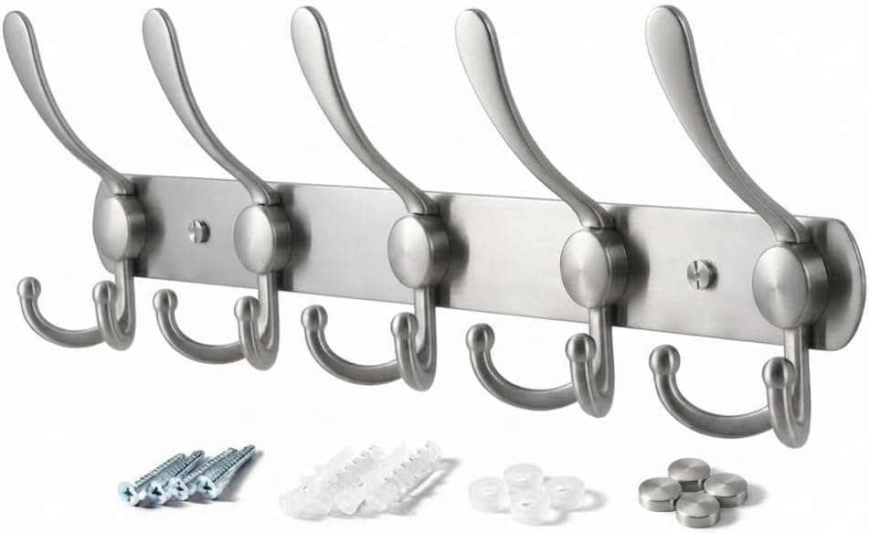 Metal Wall Hanger 5 Double Hooks for Hanging Clothes, Bags, Towels - Multi Use Wall Hanger - with Screws and Fixing Kit - Black/Silver (Silver) Storage hook