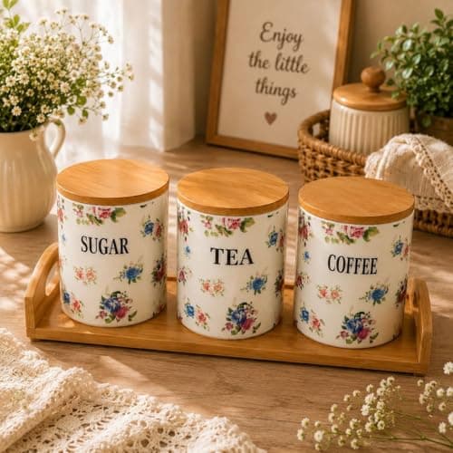 Generic Floral Canister Set for Sugar, Tea, and Coffee with Airtight Wooden Lids and Bamboo Tray, 3 Pieces, .Ais
