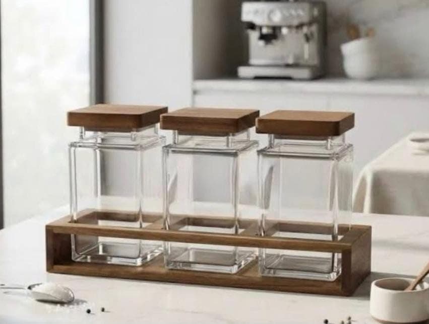 Generic 3-piece spice or legume set, 3 clear acrylic jars with wooden lids,Wooden base,Suitable for spices, legumes, and grains, .za Food storage container