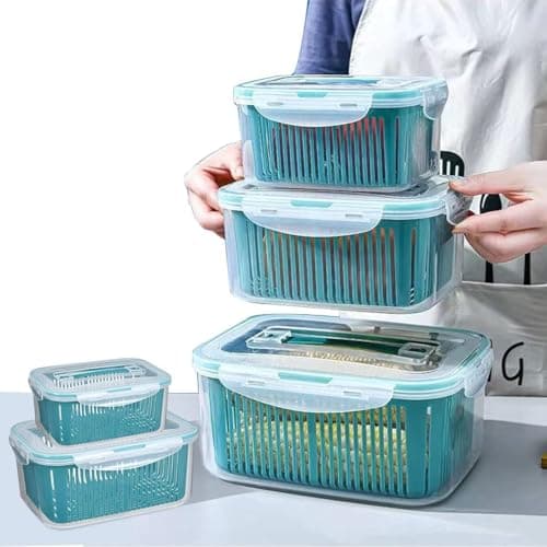 Fruit and Vegetable Storage Containers Set of 5, Teal | Gold Bow Handle, Diamond-Cut Dome, Clear Acrylic Cover, Round Serving Tray, For Cakes & Pastries Food storage container