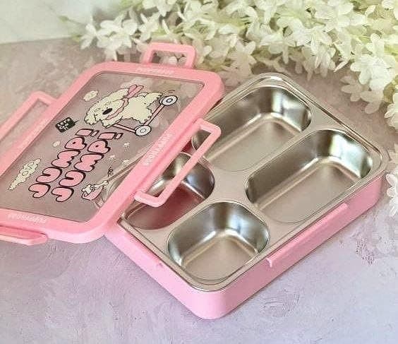 Generic Stainless steel lunch box,4-compartment design for food variety,Acrylic lid,Plastic container,divided stainless steel tray,Microwave,dishwasher,and freezer safe,Colors:pink and light blue, .db