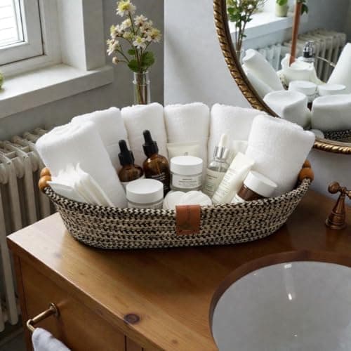 Woven it - Cotton Oval basket,black & beige 27cm x 14cm x 6cm, with wood décor, storage basket & organizer.Can be used in Kitchen,Dining Room,Living room,Bed room,Kids Room,Bathroom,Indoor &outdoor.