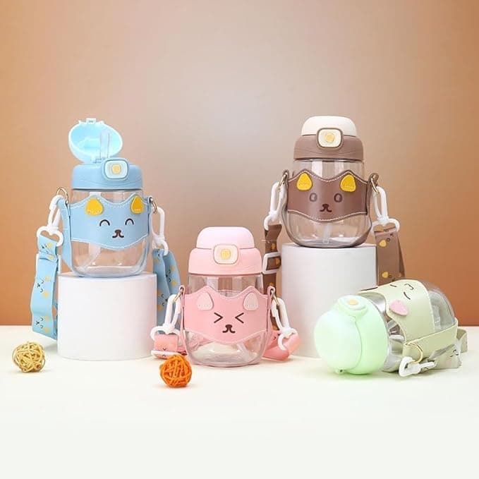 500ml Glass Kids Shapes Bottle with Soft Silicone Shalemo and Shoulder Strap, Healthy Water Bottle for School Trips, Cheerful Design and Leak Proof Baby bottle