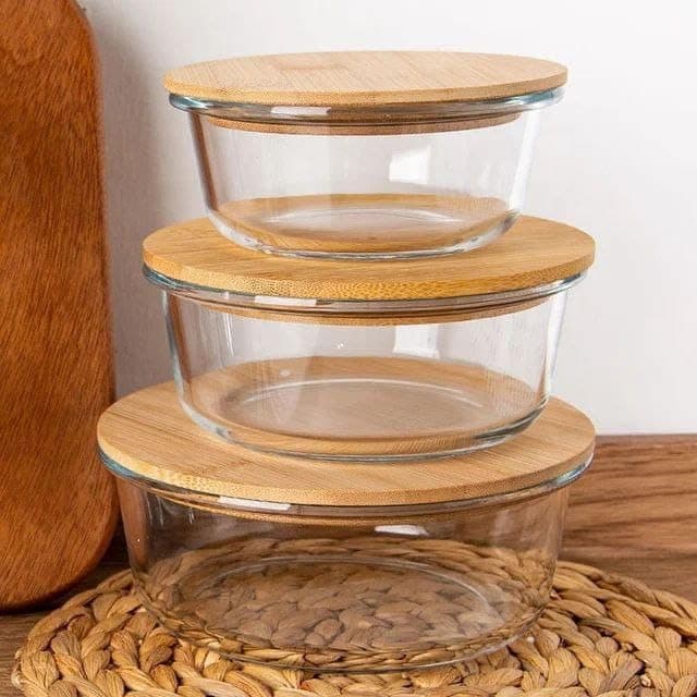 Generic Glass round fridge jar set with tightly sealing wooden lids, 3 different sizes, .kit