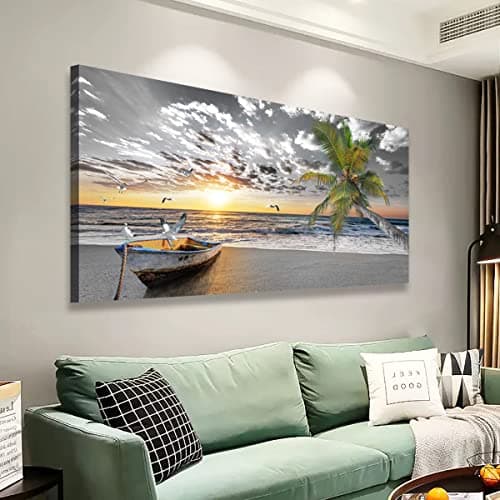 SiGuTie Canvas Wall Art Black and White Beach Palms Prints Paintings for Home Wall Decor Boat and Sunset Seascape Pictures Canvas Art for Living Room Bedroom Office Wall Decor Natural Scenery Artwork