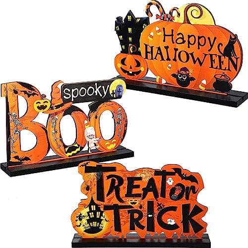 BIGTHREE 3 Pieces Halloween Table Decorations, Boo Spooky Wood Sign Trick, Pumpkin Table Centerpiece for Halloween Party, Living Room, Kitchen, Office, Bar Sculpture