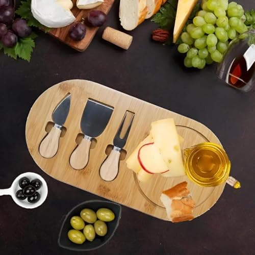 Oval 35 cm Bamboo Cheese and Butter Serving Board with 3 Versatile Knives 4 Piece Elegant Wooden Platter for Desserts, Appetizers, and Entertaining Tray