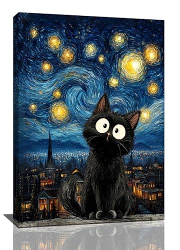 Funny Black Cat Wall Art Starry Night Cute Cat lover Canvas Wall Decor Famous Paintings Print Kitten Artwork Framed Decorations Gifts for Kids Room Bedroom Living Room Nursery 16"x24"