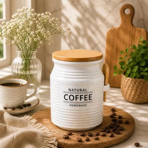 Generic Coffee Canister with Lid and Wooden Spoon, White, 500ml, for Coffee, Sugar and Instant Coffee Storage, .Ais