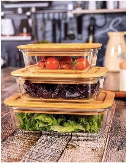 Generic Rectangular Glass Food Storage Container Set with Wooden Lids, 3-Piece, Heat-Resistant, Airtight, Microwave and Oven Safe, 370ml, 640ml, 1040ml, .mk