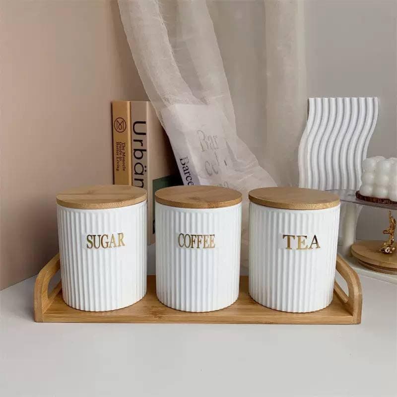 Generic Porcelain Sugar, Tea and Coffee Canister Set with Bamboo Lids, Airtight Seal, Wooden Tray, 550ml, White, 3 Pieces, .hg Food storage container