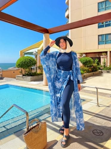 Women's Modest Burkini Swimsuit 5-Piece Set – Full Body Swim Jumpsuit, Ocean Print Chiffon Kimono, Maxi Sarong, Skirt & Swim Cap From La Vie Model LV-BRK-228 (Blue, XL Fits 65 – 75 kg) Swimwear