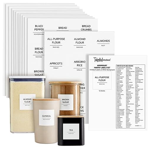 Talented Kitchen 144 Pantry Labels for Containers, Food Storage - Preprinted Black All-Caps on Matte White Vinyl Stickers for Minimalist Style Kitchen (Water Resistant)