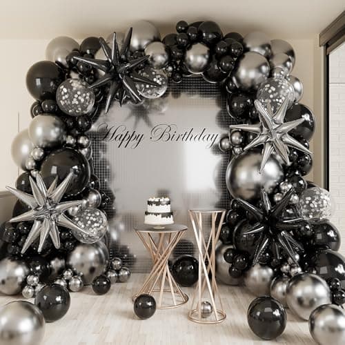 Deiiom Black Silver Balloons Arch Garland Kit-Black Silver Explosion Star Foil Balloon Confetti Balloon 147Pcs Different Sizes for Christmas,Baby Shower,Graduation,Wedding,Birthday Party Decorations.