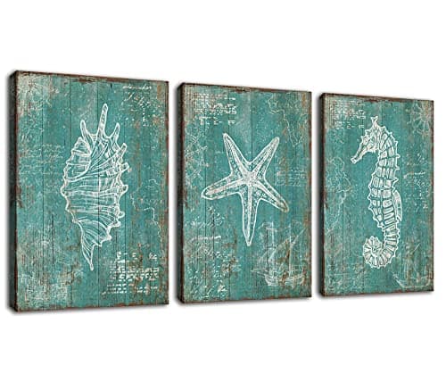 Vintage Marine Life Wall Art Rustic Nautical Canvas Pictures Wall Decor Conch Seastar Hippocampus Prints Beach Seashell Canvas Painting Turquoise Artwork Farmhouse Wall Decoration 30 X 40CM X 3 Piece