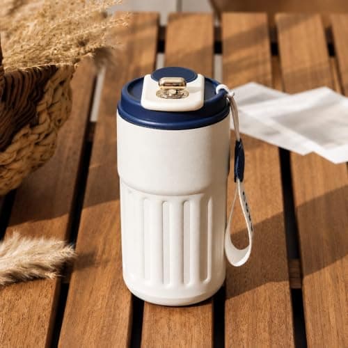 Insulated digital travel mug with a flip lid and wrist strap, multicolore.Leak-Proof Flip Lid, Wrist Carry Strap, Textured Grip Body, Hot & Cold Drinks, Portable Design