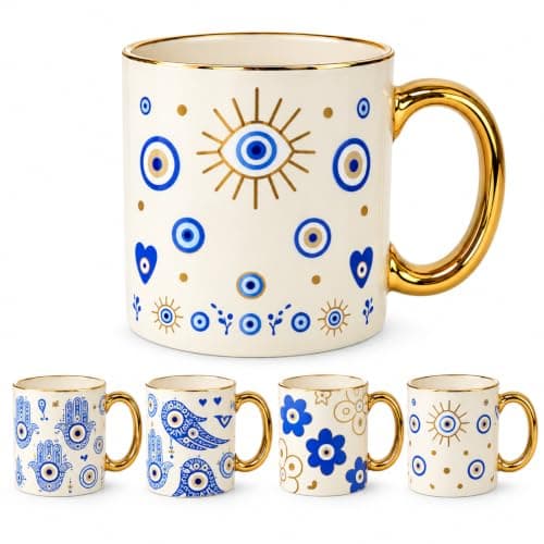 Large Porcelain Mug with Evil Eye & Hamsa Hand Design | Gold Handle & Rim, Blue & White Decor, Coffee & Tea Mug, Multiple Designs, Ceramic Drinkware