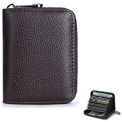 Landuo RFID 24 Card Slots Credit Card Holder Genuine Leather Small Card Case for Women or Men Accordion Wallet with Zipper, 9card-brown