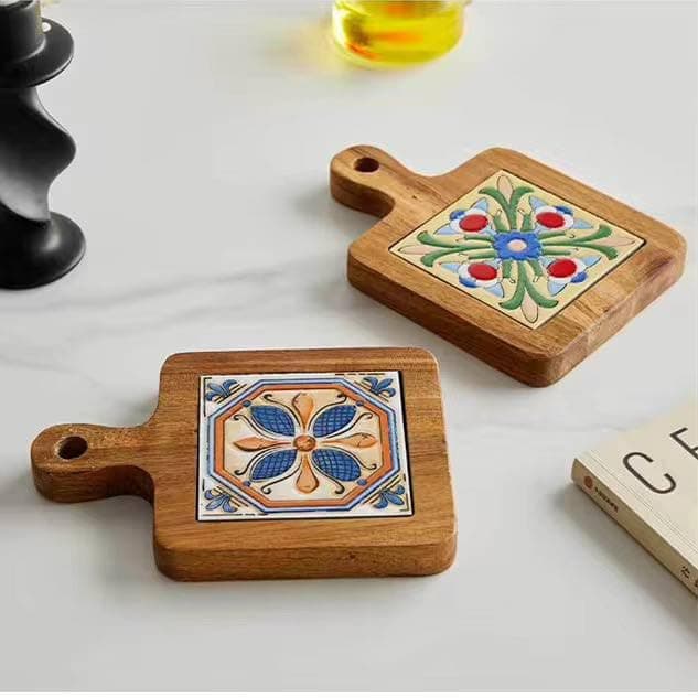 Generic Decorative Wood and Ceramic Trivet Coaster Set, Boho Tile Design, 20 x 13 cm, Set of 2, .sa