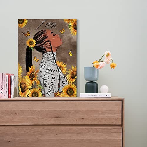 WOWGOOMO I am Enough Quotes Wall Art Black Queen Girl Wall Art Africa America Portrait Poster Vintage Sunflower Wall Decor Contemporary Artwork for Teen Grils Bedroom Dorm Room Decoration 12X16 inch