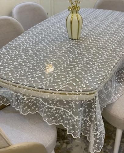Generic Elegant Floral Embroidered Lace Tablecloth, White, 130 x 210 cm, Decorative Border with Lotus Pattern, Chic Dining Table Cover .flo