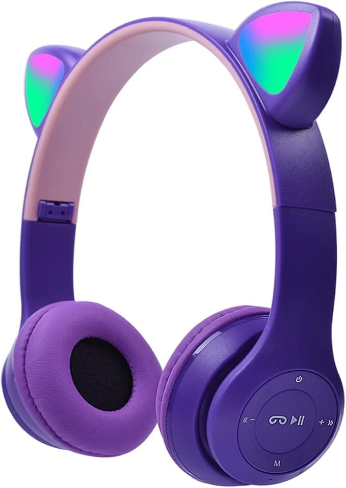 Cat headphone P47M Wireless Bluetooth Headphone RGB LED Over Ear Stereo Music Headset with Memory Card Support,Gaming Headphones with Built-in Microphone for Laptop,Mobile Phone,Kids,Girls,PC (Purple)
