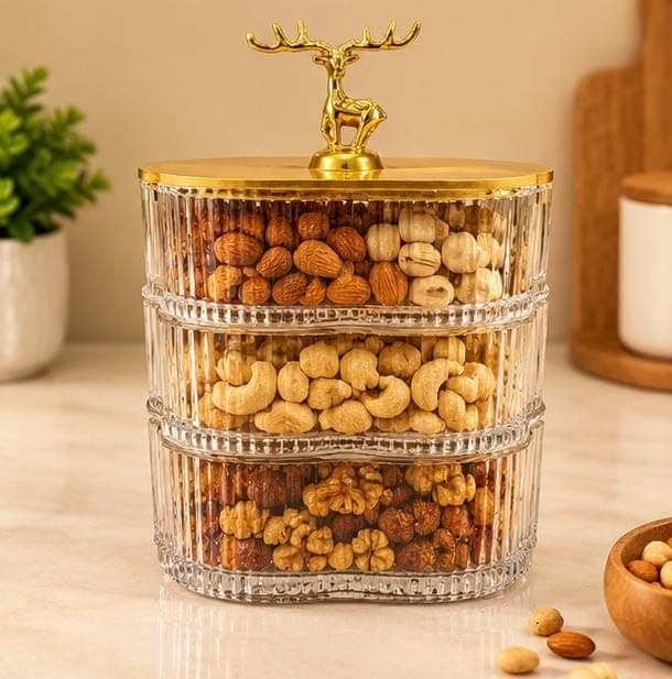 Generic 3-tier glass snack tray with a wooden lid for candy, chocolate, nuts, dried fruits, and dates, .sn