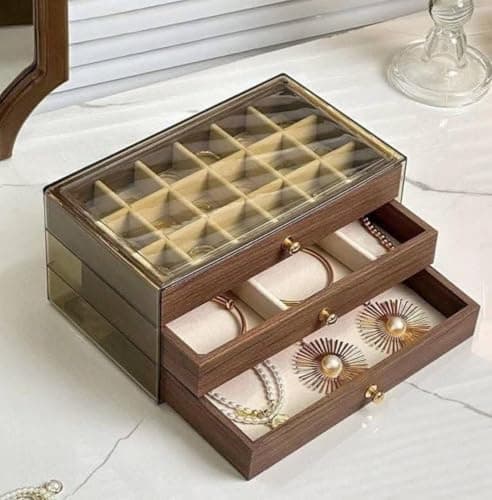 Three-Layer Wooden Jewelry Organizer Box with Transparent Lid and Metal Handle for Precise Storage of Your Accessories