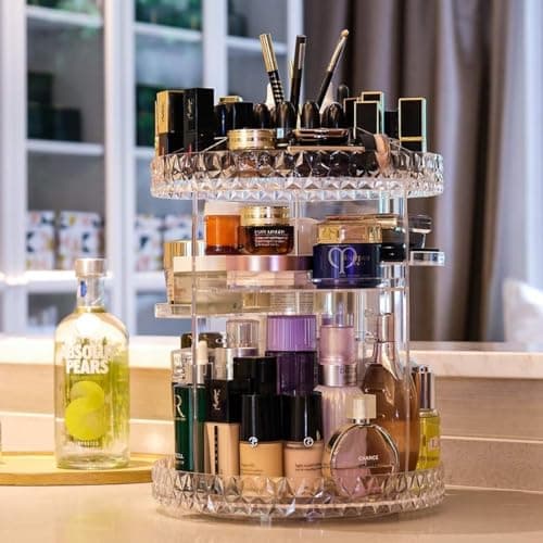 Acrylic Makeup Organizer for Countertop Cosmetic Perfume Accessories Storage 360 Degree Rotating Makeup Organizer for Skincare Products - Clear Diamond Design Caddy