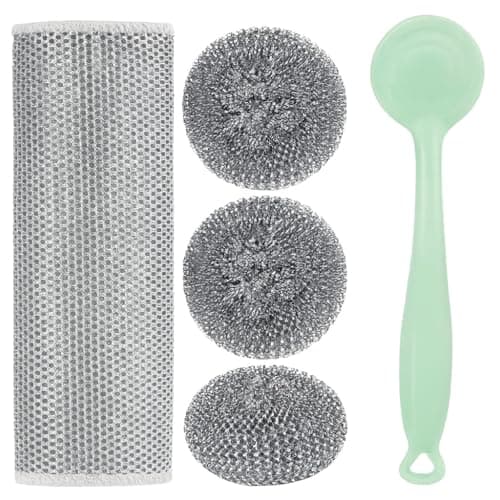Dish Scrubber with Handle, Stainless Steel Scrub Sponge, Long Removable Grip Cleaning Brush for Pots, Pans, Dishes, Sinks and Stove Grates, 1 Piece (Green) Utility sponge