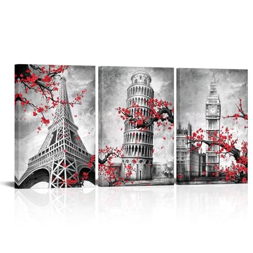 iHAPPYWALL 3 Pieces Building Canvas Wall Art Eiffel Tower Leaning Tower of Pisa Big Ben Plum Flower Famous Architecture Black and White Red Artwork for Modern Home Decor Ready to Hang 16x24inchx3pcs